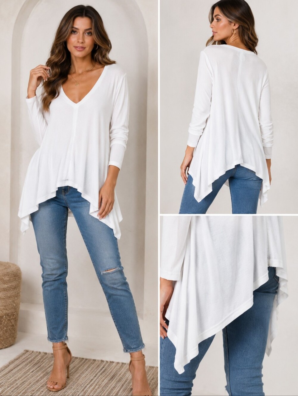 Jennifer Lopez White Long Sleeve V-Neck Asymmetrical Hem Top